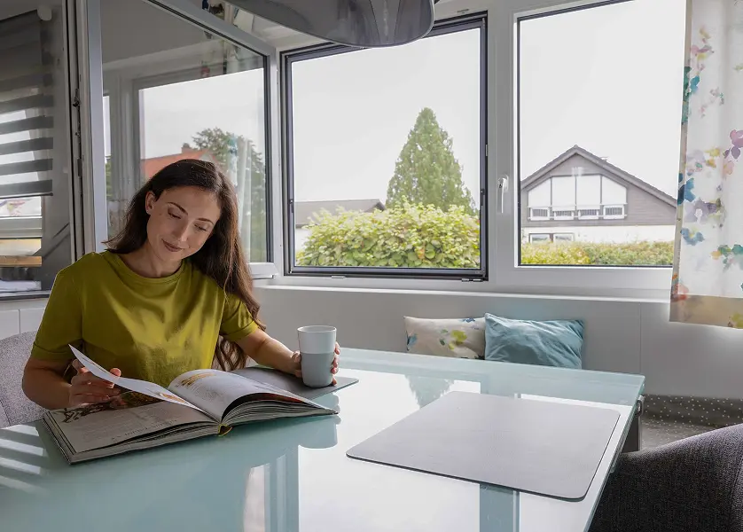 Sonnenschutz Fenster mit Plissee in heller Küche mit Blick ins Grüne